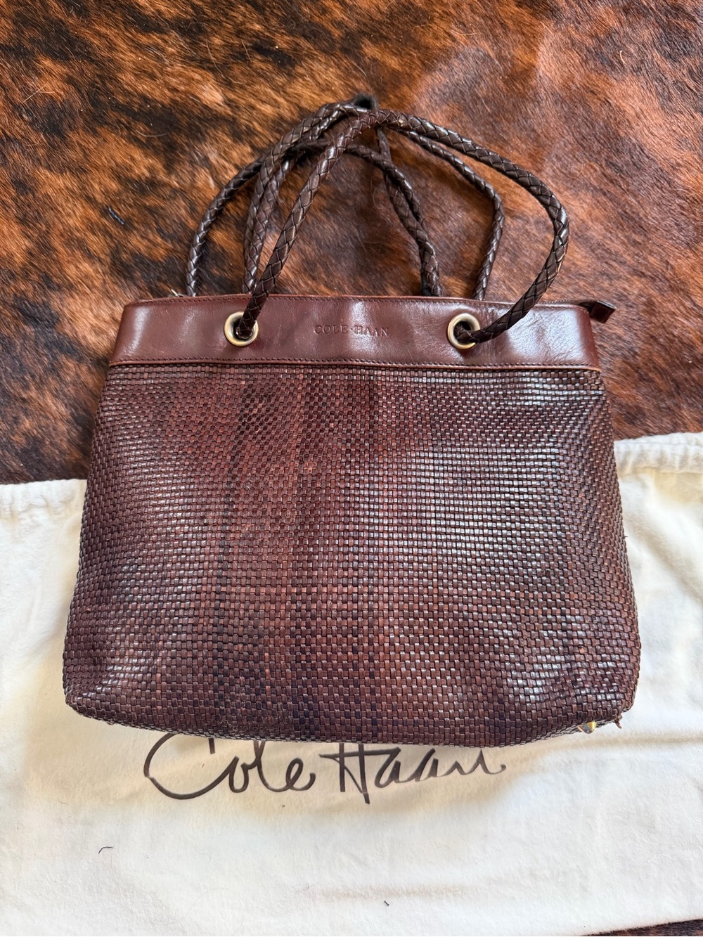 Cole Haan Braided Handle Woven Leather Tote in Dark Brown